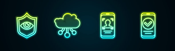 产品线:护眼、物联网、移动人脸识别、智能手机。发光的霓虹灯图标。向量图片下载