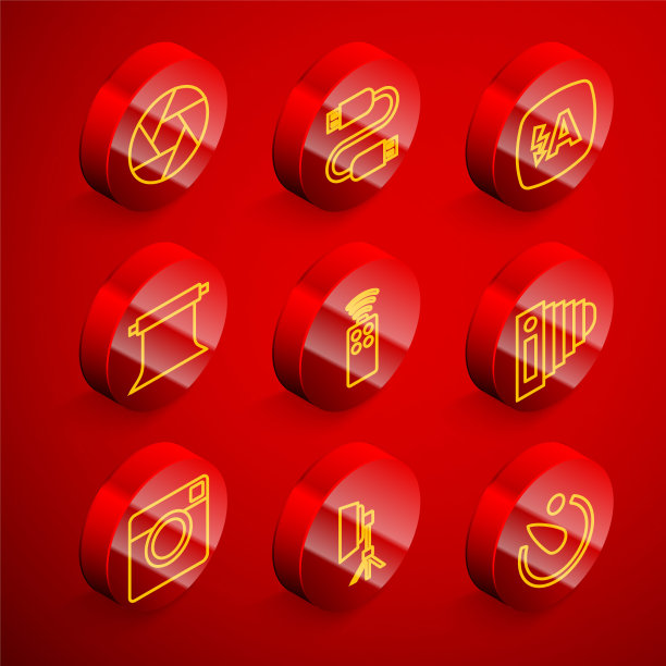 设置线相机快门，USB电缆线，自动闪光，空的照相馆，相机遥控器，照片，和软箱灯图标。向量图片下载