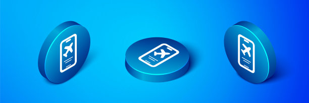 等距智能手机与电子登机牌机票图标隔离在蓝色背景。客机移动机票的网页和应用程序。蓝色圆圈按钮。向量图片下载