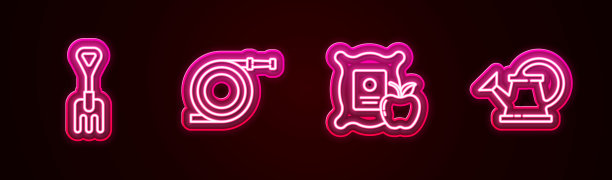 准备好花园耙，软管或消防软管，麻袋里的苹果和喷水壶。发光的霓虹灯图标。向量图片下载