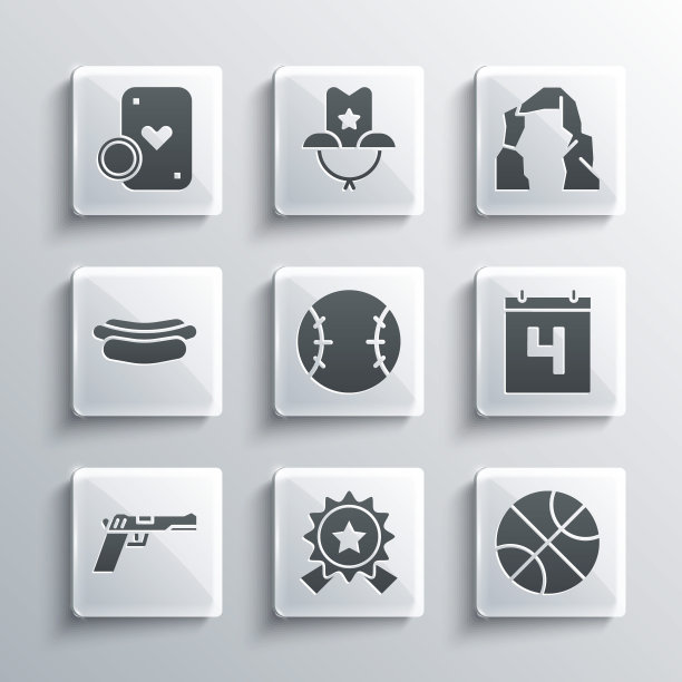 集奖章与明星，篮球，日历日期7月4日，棒球，手枪或枪，热狗三明治，赌场芯片打牌和大峡谷图标。向量图片下载