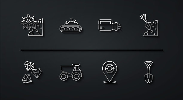 集线斗轮挖掘机，宝石石，铲和，采矿自卸车，传送带载煤，和手电筒图标。向量图片下载