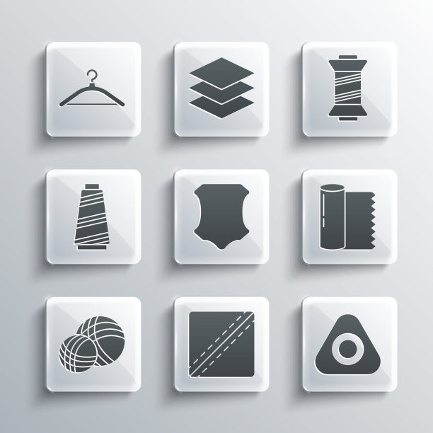 集缝纫图案，粉笔，纺织织物卷，皮革，纱球，线，衣架衣柜和图标。向量图片下载