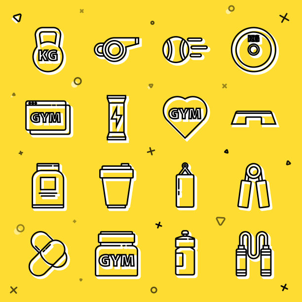 设线跳绳，运动扩展器，台阶平台，网球，运动营养，在线健身训练，壶铃和健身房心脏图标。向量图片下载