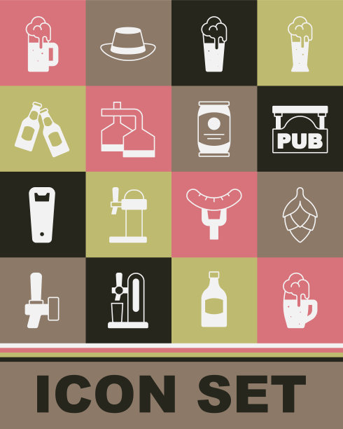 集啤酒，啤酒花，街道招牌酒吧，啤酒酿造过程，瓶子，木马克杯和可以图标。向量图片下载
