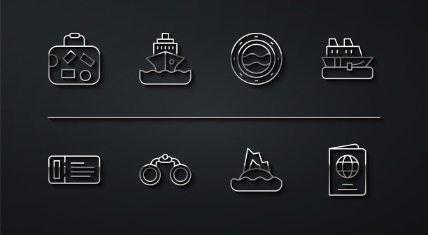 集线行李箱，邮轮票，船，热带岛屿在海洋，双筒望远镜，护照和船舶舷窗与海景图标。向量图片下载