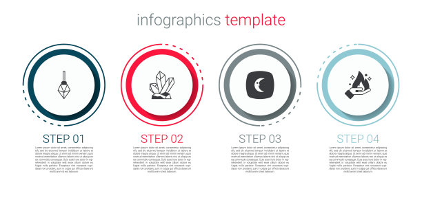 设置魔法石，月亮和星星，手握火焰。业务信息图表模板。向量图片下载