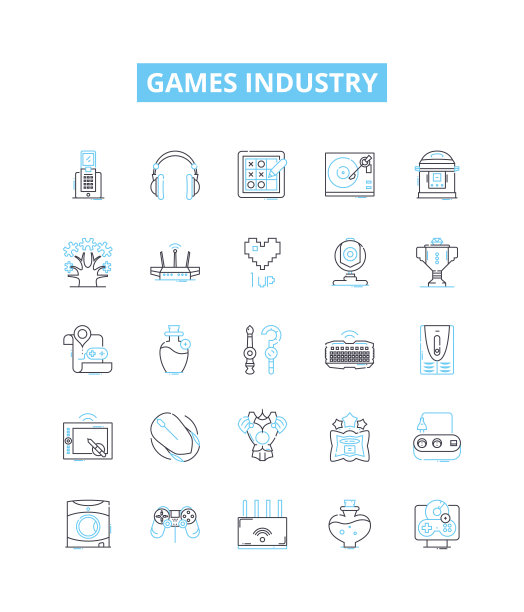 游戏行业矢量线图标集。游戏，工业，游戏，视频，在线，移动，电子竞技插图概述概念符号和标志图片下载