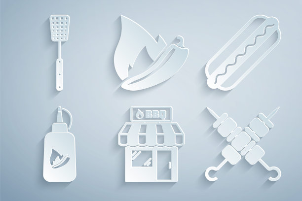 集烧烤购物大楼，热狗三明治，番茄酱瓶，烤羊肉串，辣椒荚和锅铲图标。向量图片下载