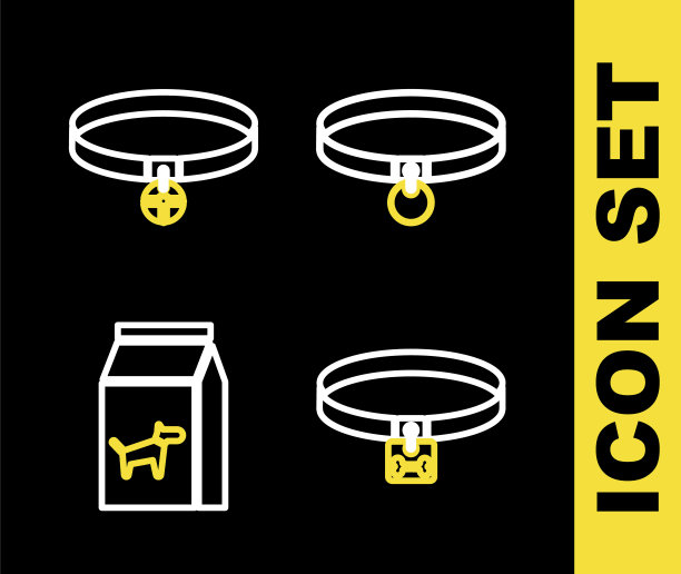 设线项圈，狗项圈，狗粮袋和名牌图标。向量图片下载