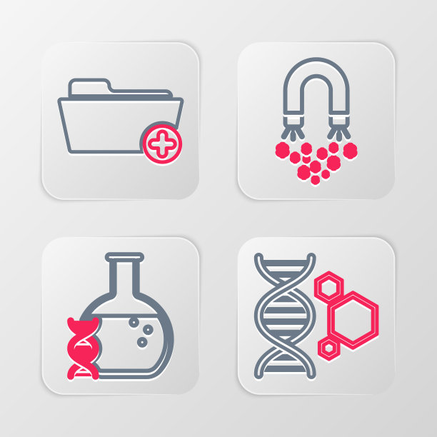 设置线基因工程，DNA研究，搜索，磁铁与金钱和健康记录文件夹图标。向量图片下载