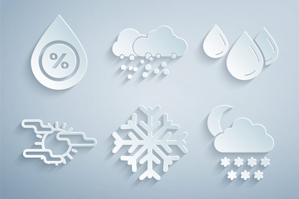 集雪花，水滴，雾和太阳，云与雪月亮，和百分比图标。向量图片下载