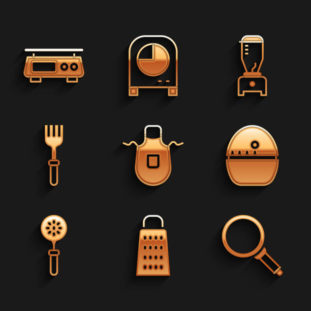 设置厨房围裙，磨碎器，煎锅，计时器，抹刀，叉子，搅拌机和电子秤图标。向量图片下载
