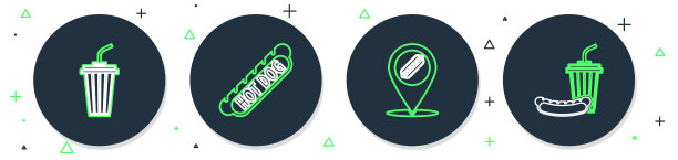 设置线热狗三明治，位置与热狗，玻璃水和苏打图标。向量图片下载