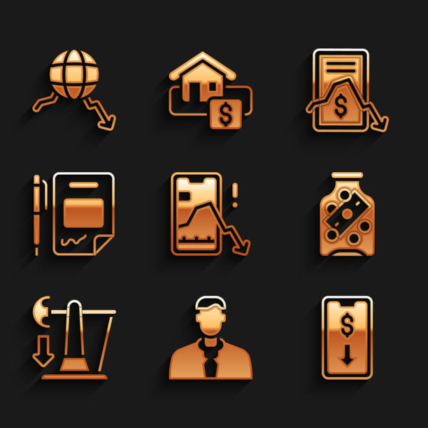 设置移动股票交易，工人，玻璃钱罐硬币，原油价格下跌，合同和笔，和全球经济危机图标。向量图片下载