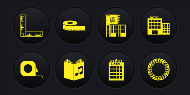 集轮盘赌建设，酒店建筑，有声书，商场或超市，卷尺，月桂花环和折叠尺子图标。向量图片下载