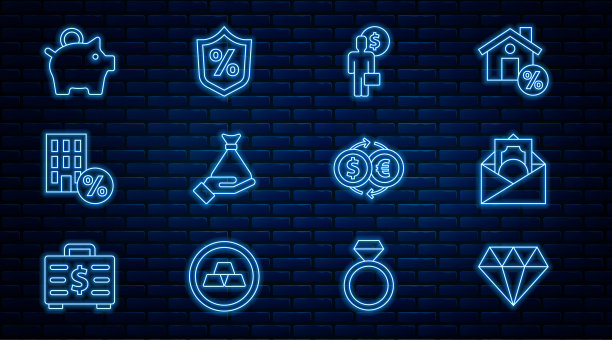 设置线钻石，信封与美元符号，商人的规划头脑，钱的手，房子的百分比折扣，储蓄罐，交换和贷款的百分比图标。向量图片下载