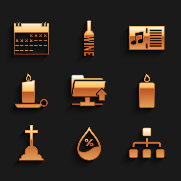 设置FTP文件夹上传，水滴百分比，层次结构图，燃烧的蜡烛，墓碑与十字架和烛台图标。向量图片下载