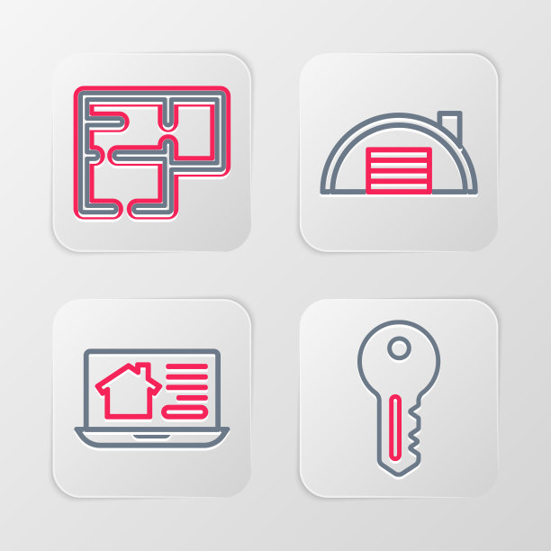 设置线房子钥匙，在线房地产房子，仓库和计划图标。向量图片下载