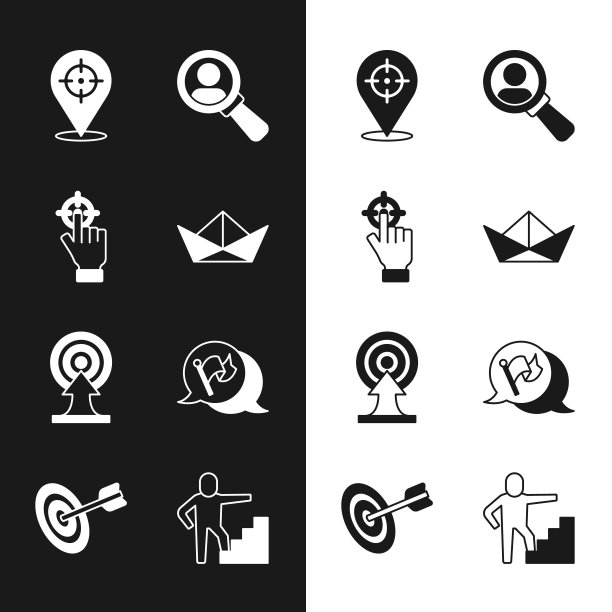 集折叠纸船，目标，放大镜搜索，箭头，旗帜，楼梯完成旗和图标。向量图片下载