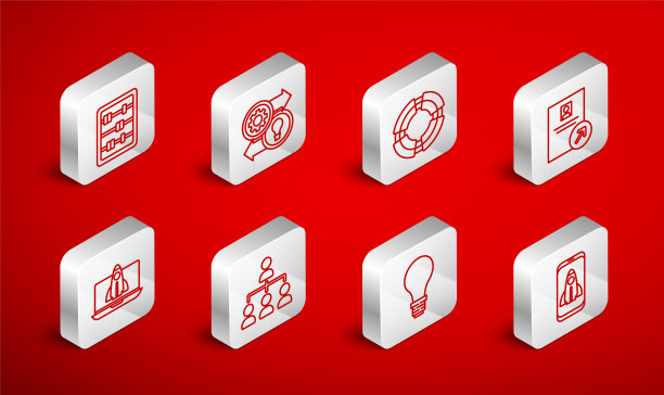 创业概念，人力资源，商业救生圈，职位晋升，创意灯泡，算盘，层次结构图和图标。向量图片下载