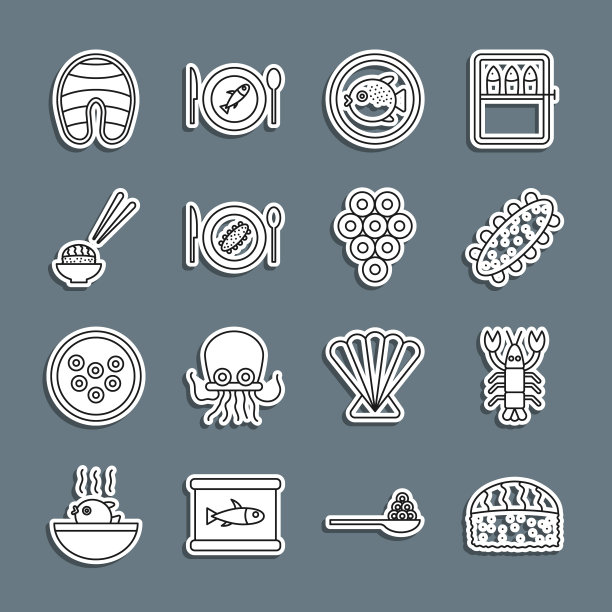 设线寿司，龙虾，海参，河豚鱼盘，服务，鱼牛排和鱼子酱图标。向量图片下载