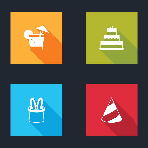 集鸡尾酒，蛋糕与燃烧的蜡烛，魔术师帽子兔子耳朵和派对图标。向量图片下载