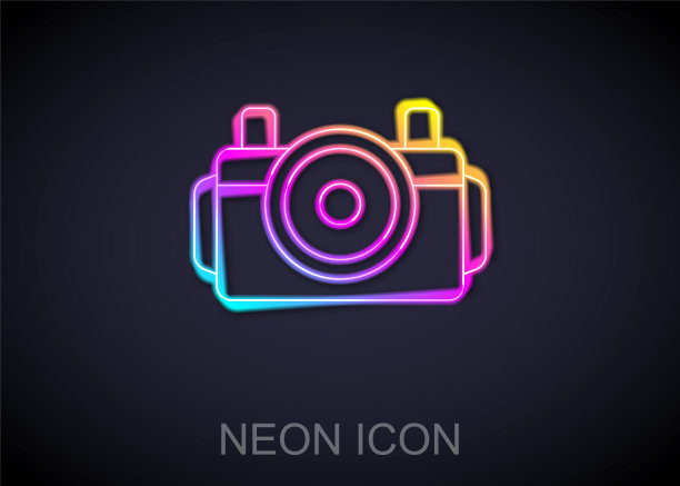 发光的霓虹灯线照片相机的潜水员图标孤立的黑色背景。摄影相机图标。水下潜水设备。向量图片下载