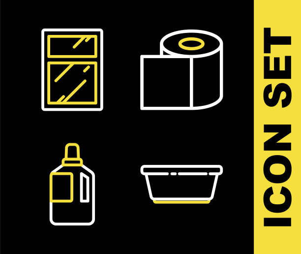 设置厕纸卷，塑料盆，织物柔软剂和清洁服务的窗口图标。向量图片下载