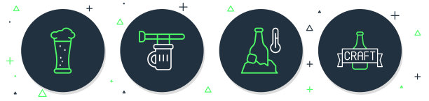 设置线招牌与啤酒，冷瓶，玻璃和啤酒图标的玻璃。向量图片下载