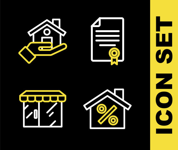 设置线的房子合同，有百分之几的折扣，市场商店和房地产经纪人的图标。向量图片下载