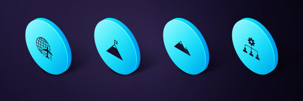 设置等距铅管理，山脉，旗帜和全球与飞行飞机图标。向量图片下载