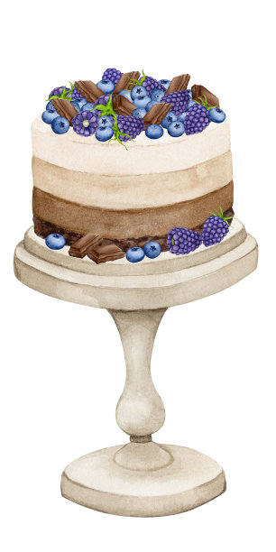 奶油蛋糕与巧克力，装饰与浆果在一个摊位。为贺卡，请柬，菜单，标志，织物印刷品的水彩假日剪贴画。婚礼、生日、周年纪念设计。图片下载