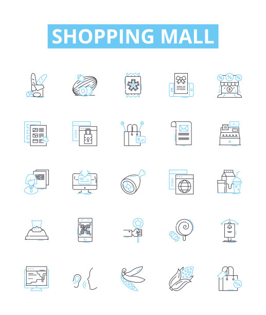 购物中心矢量线图标集。购物，商场，商店，奥特莱斯，集市，广场，零售插图概述概念符号和标志图片下载