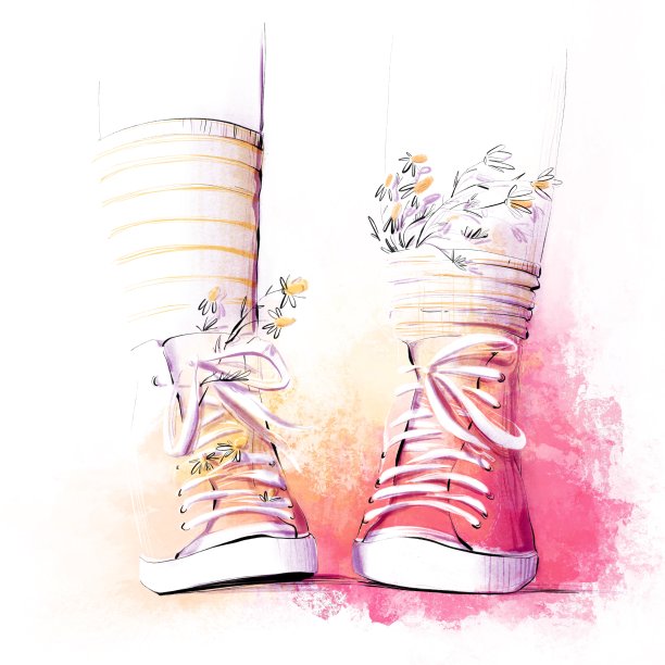 穿着运动鞋和花袜的小脚。时装插图图片下载