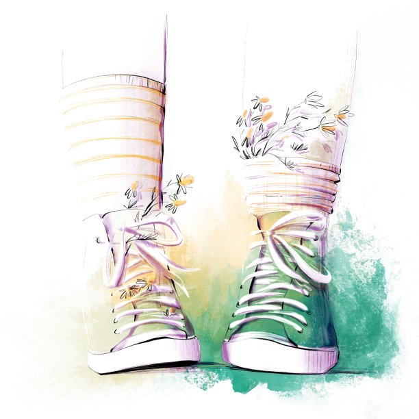 穿着运动鞋和花袜的小脚。时装插图图片下载