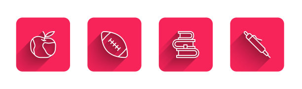 苹果、美式橄榄球、Book、Pen等线条，影子长。红色方块按钮。向量图片下载