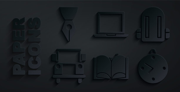 设置打开书，学校背包，巴士，时钟，笔记本电脑和喷泉笔尖图标。向量图片下载