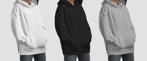 模板白色，黑色，石南长连帽衫上的女孩，双手插在口袋里，特写，正面，背景孤立。图片下载