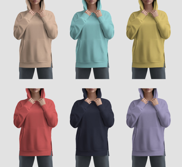 模板一个明亮的连帽衫与一个兜帽的女孩，妇女衬衫的商业，促销，正面视图。图片下载