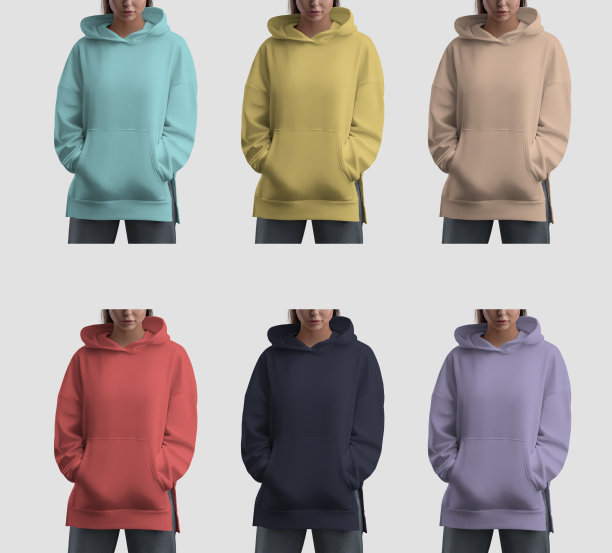 黄色，紫色，深蓝色，棕褐色，裸色，红色，绿松石色连帽衫模板与口袋上的女孩，女衬衫的商业，促销。图片下载