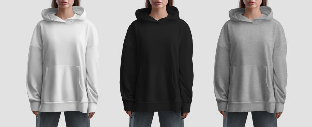 时尚的长帽衫与口袋上的女孩，白色，黑色，石南衬衫，前面，孤立的背景的模型。集。图片下载