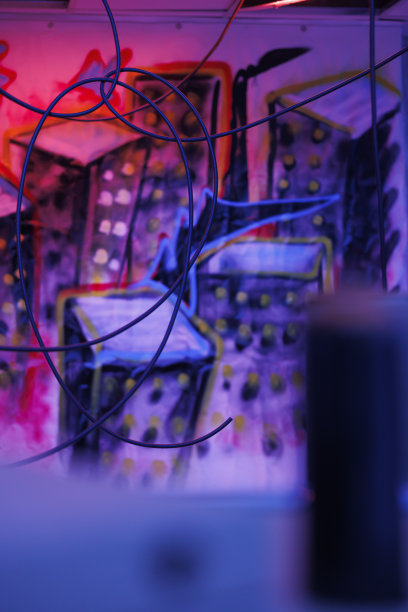 被摧毁的建筑被明亮的霓虹灯和灰尘包围图片下载