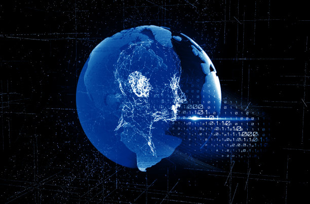 3D渲染人工智能概念，一个由神经丛粒子构成的人类头部，背景是太空中的行星地球图片下载