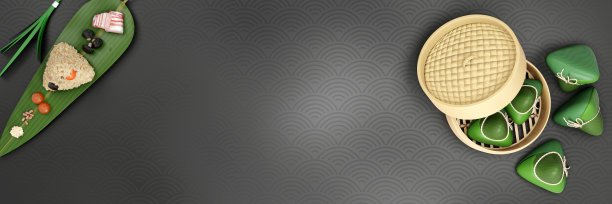 俯视图角度，3D渲染端午节背景与传统食品粽子、雄黄酒、糯米、咸蛋黄等。图片下载