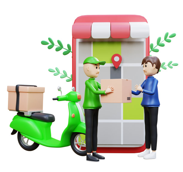 快递员用智能手机驾驶摩托车。电子商务概念，网上购物和送货服务的移动应用，网页，应用程序设计。三维渲染图片下载