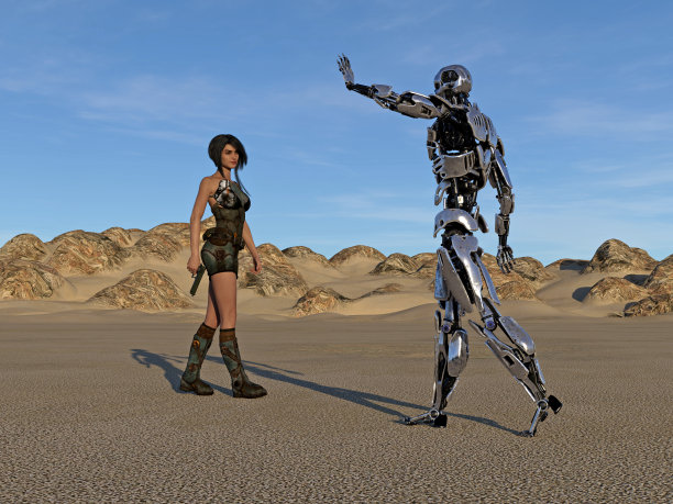 在清晨的晨光中，一名手持手枪的女子与机器人相遇。图片下载