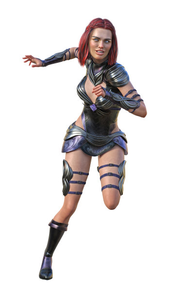 一个女战士在白色背景上带着轻微的微笑奔跑的3d插图。图片下载