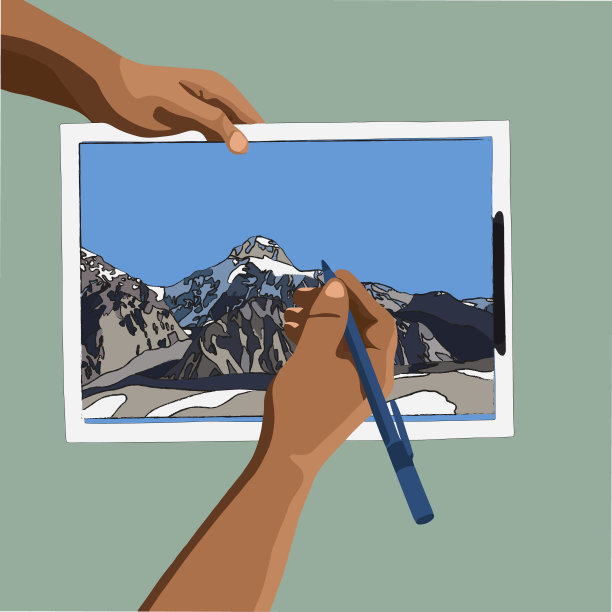 一个人画了一幅山景画。图片下载