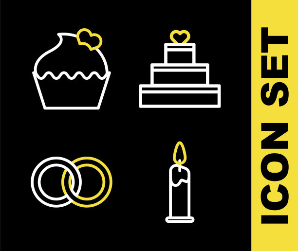 婚礼蛋糕与心，燃烧的蜡烛，戒指和图标。向量图片下载